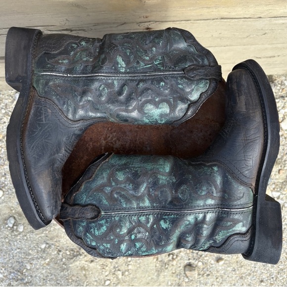 Upcycled Distressed Leather Cowboy Boots Black With Teal – Rustic Western Vibes - Picture 8 of 9